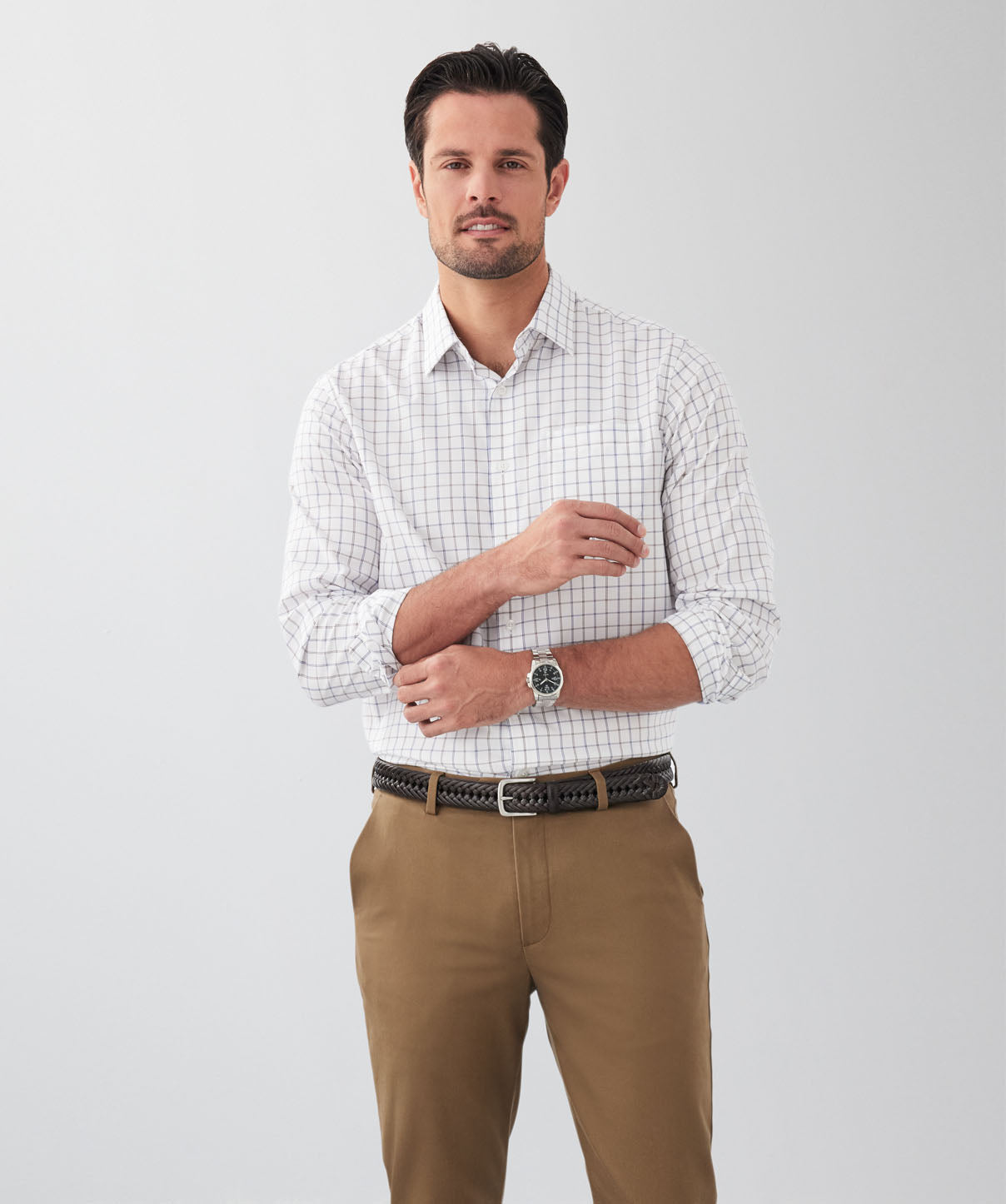 Easy Care Twill Check Long Sleeve Shirt - White - category_2:Long