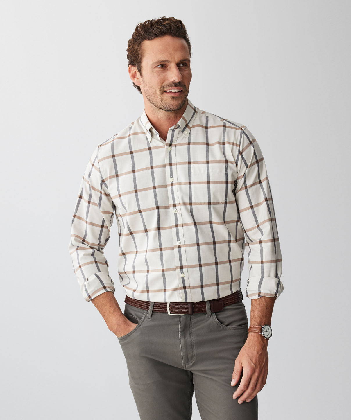 Easy Care Melange Twill Check Long Sleeve Shirt Oatmeal Long Sleeve Shirts GAZMAN