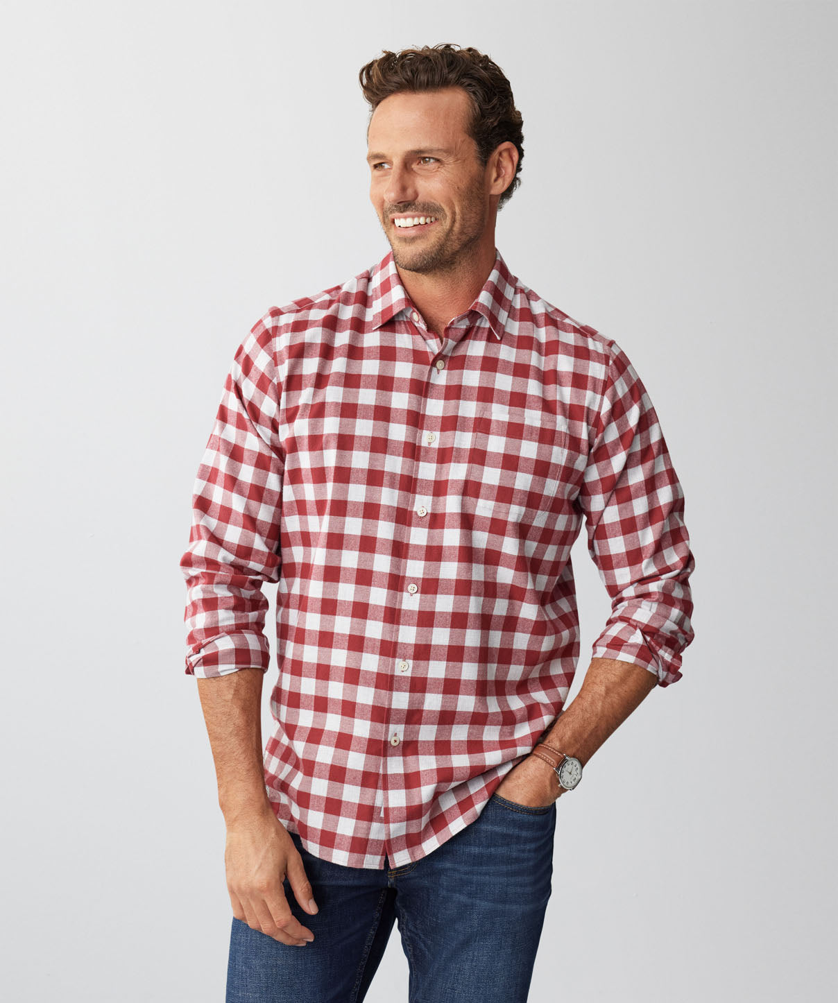 Brushed Box Twill Check Long Sleeve Shirt - Red - Long Sleeve Shirts ...