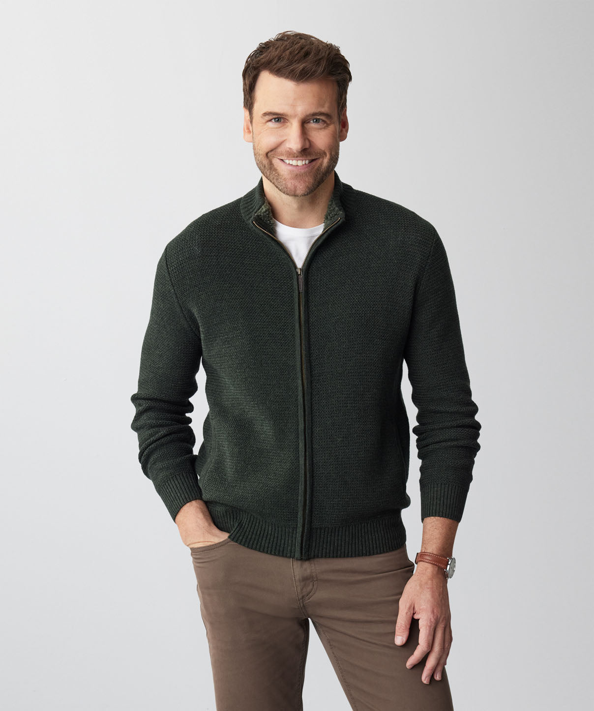 Zip Through Cardigan Khaki Knitwear GAZMAN