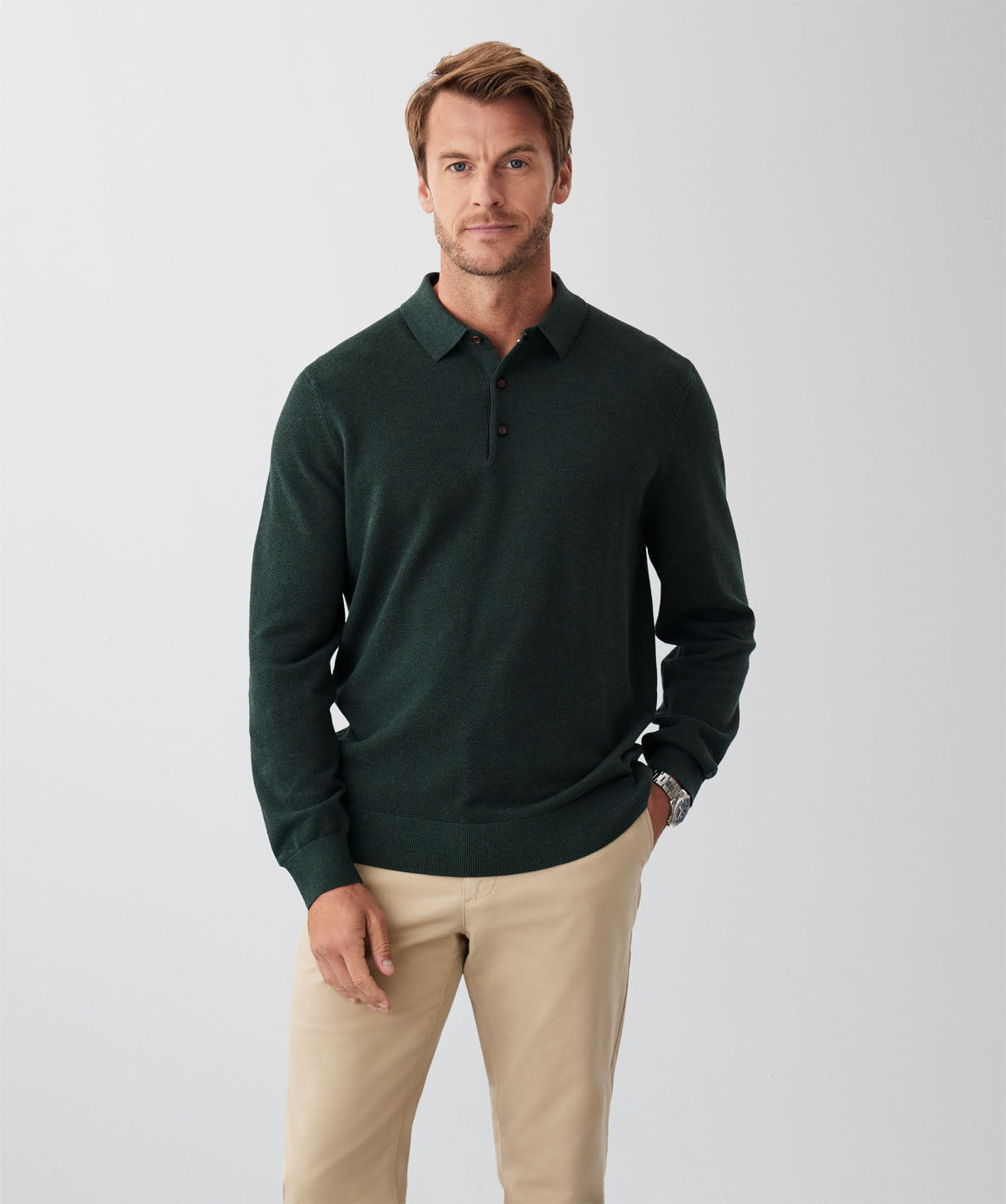 Long Sleeve Textured Knit Polo - Forest - polos - GAZMAN