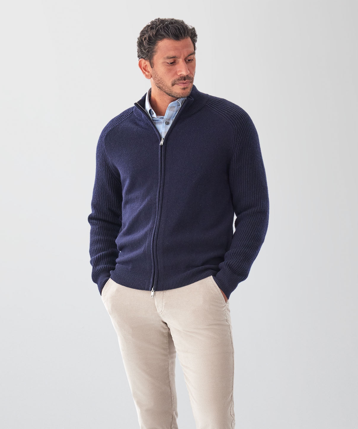 Wool Blend Raglan Zip Cardigan - Navy - knitwear - GAZMAN