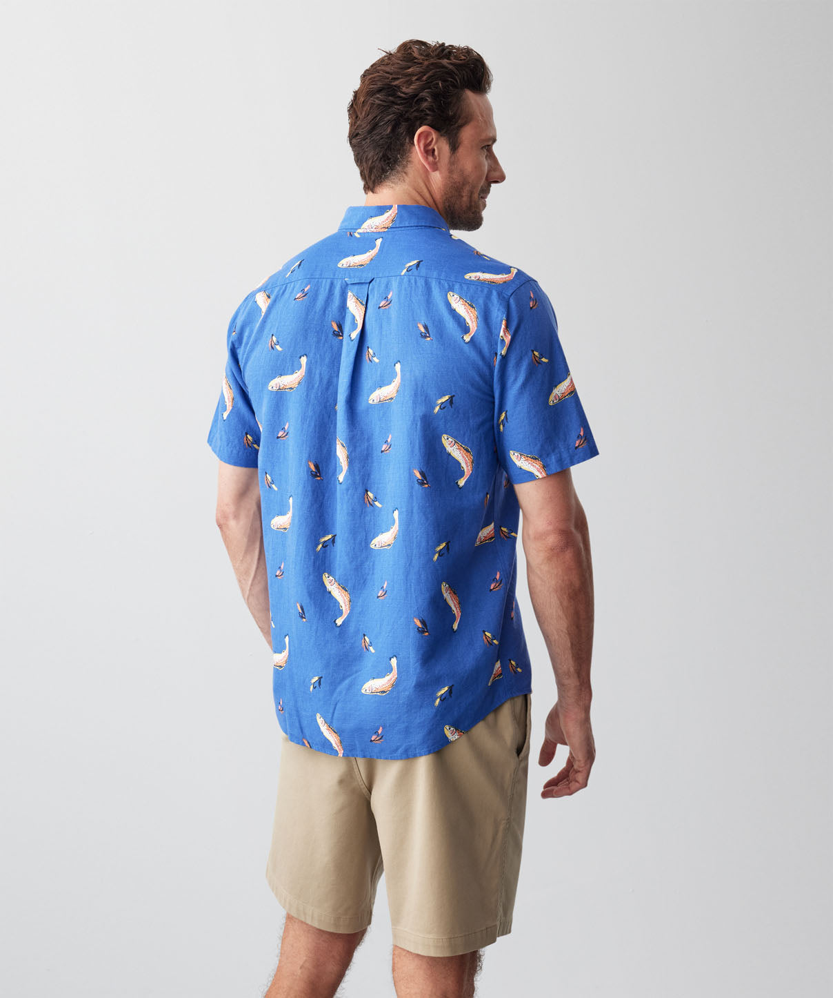 Linen Blend Fish Print Short Sleeve Shirt - Blue - short_sleeve_shirts ...