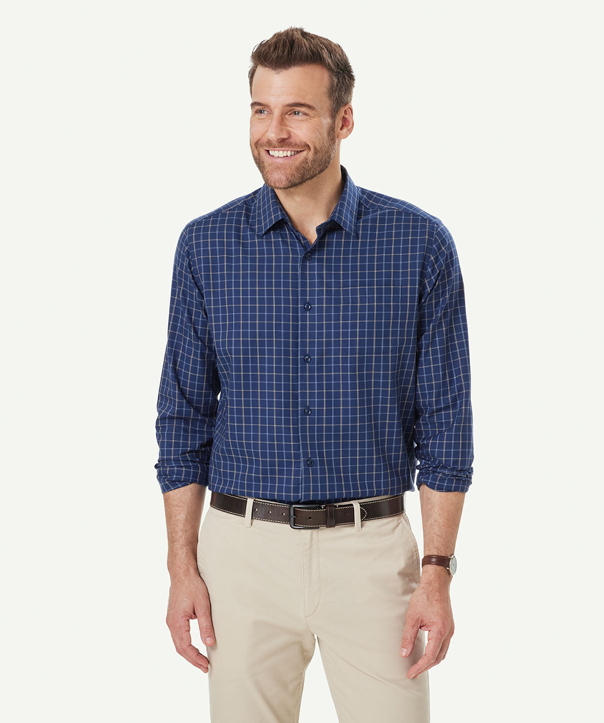 Easy Care Twill Check Long Sleeve Shirt Navy Long Sleeve Shirts