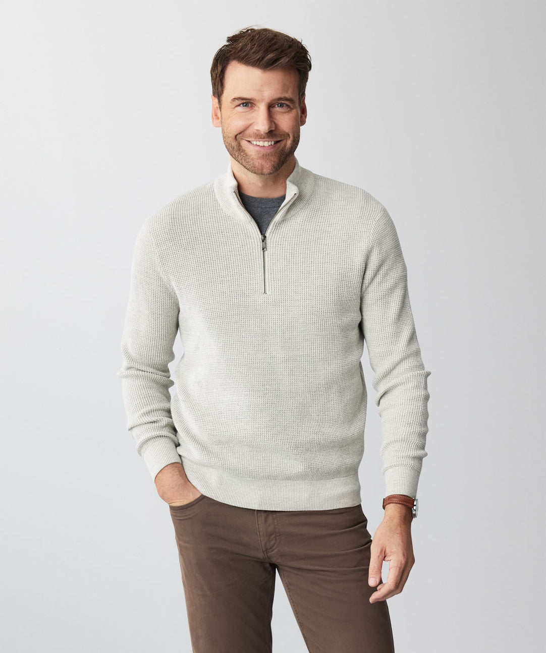 Waffle Half Zip Knit - Oatmeal - knitwear - GAZMAN