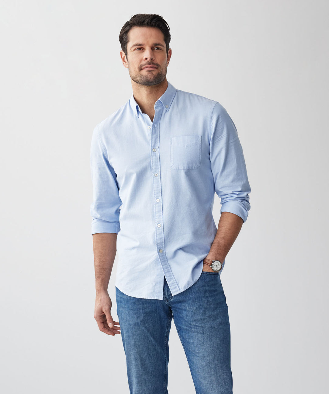Tailored Plain Casual Oxford Long Sleeve Shirt Blue