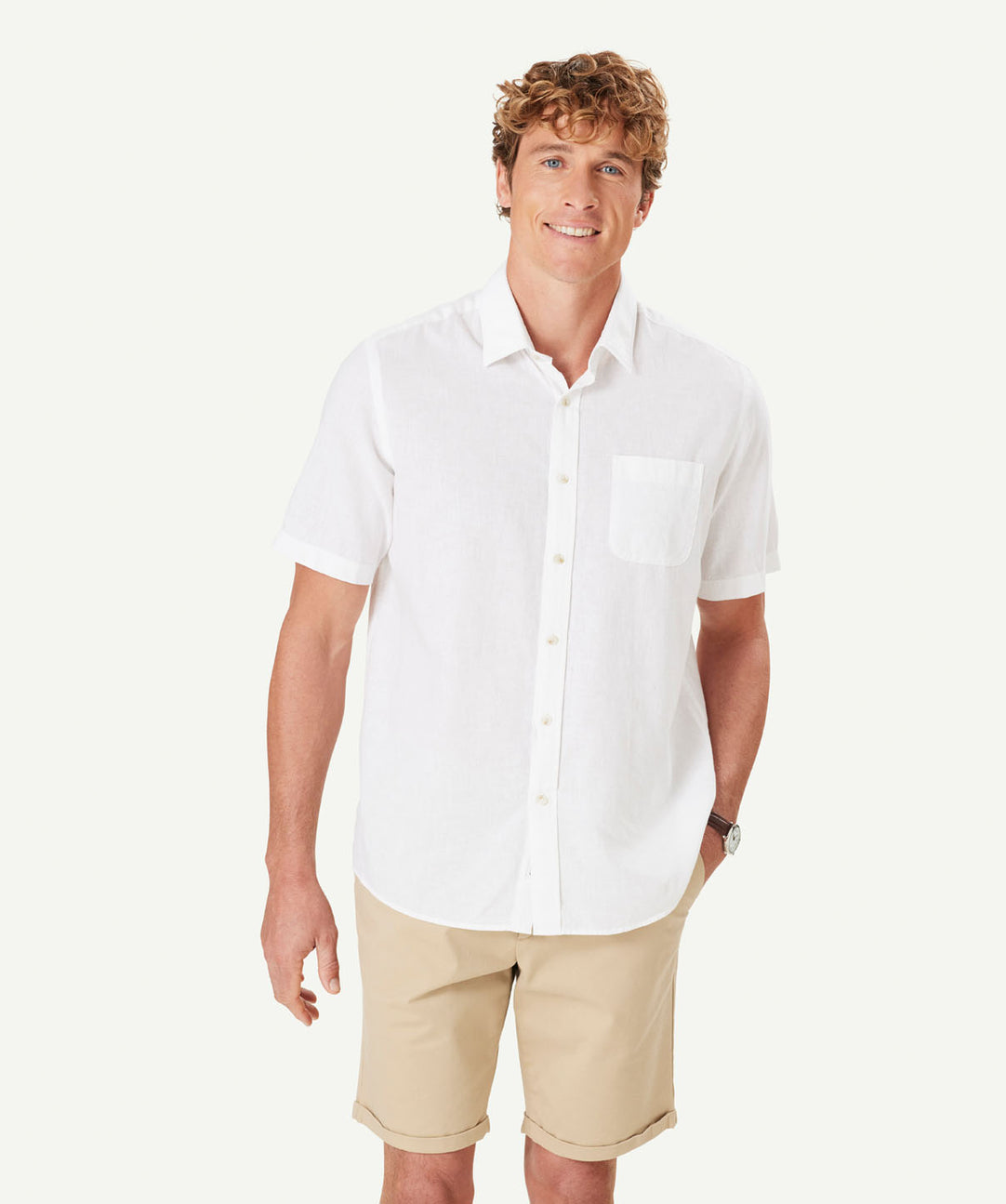 Linen Blend Plain Short Sleeve Shirt White
