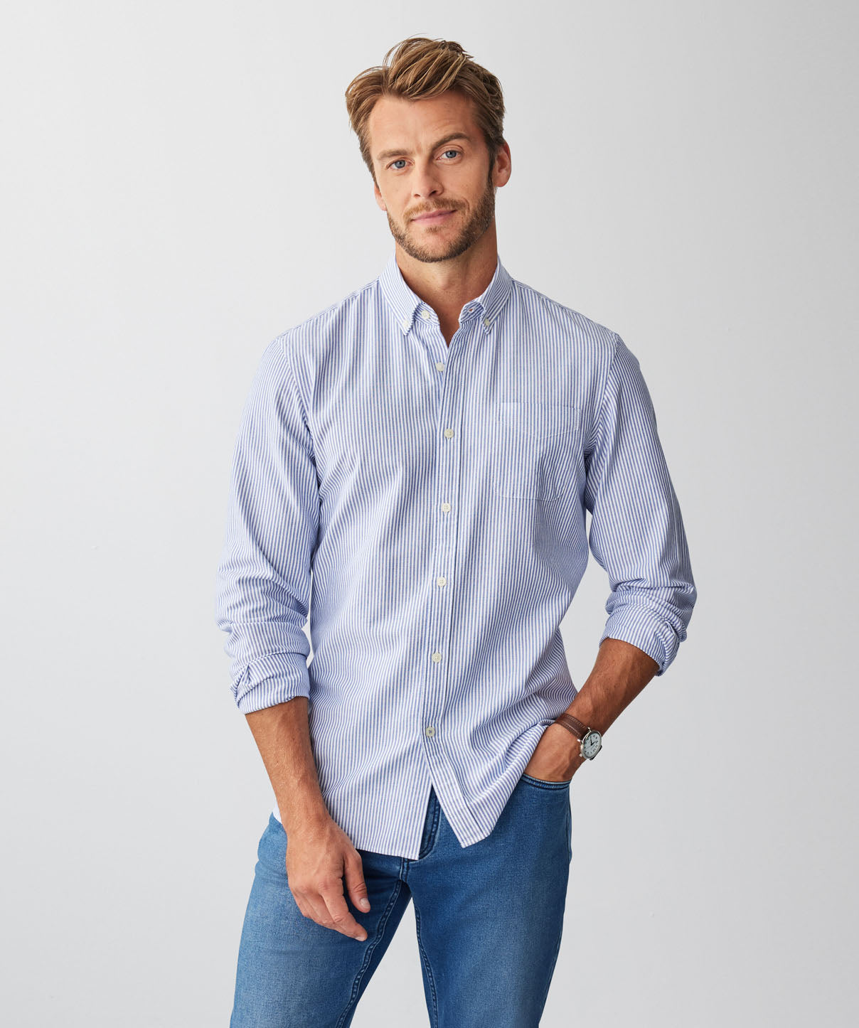 Tailored Casual Oxford Stripe Long Sleeve Shirt - Blue - Long Sleeve ...