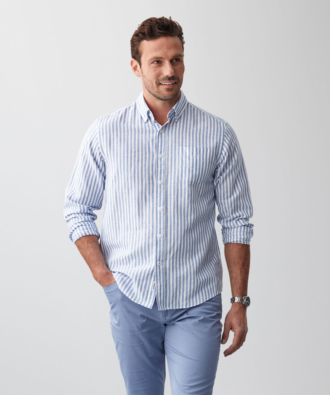 Casual Linen Blend Stripe Long Sleeve Shirt Blue - Main Image