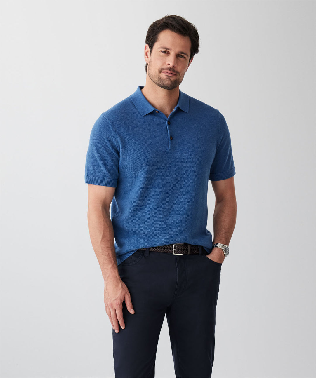 Textured Knit Polo Blue polos GAZMAN - Main Image