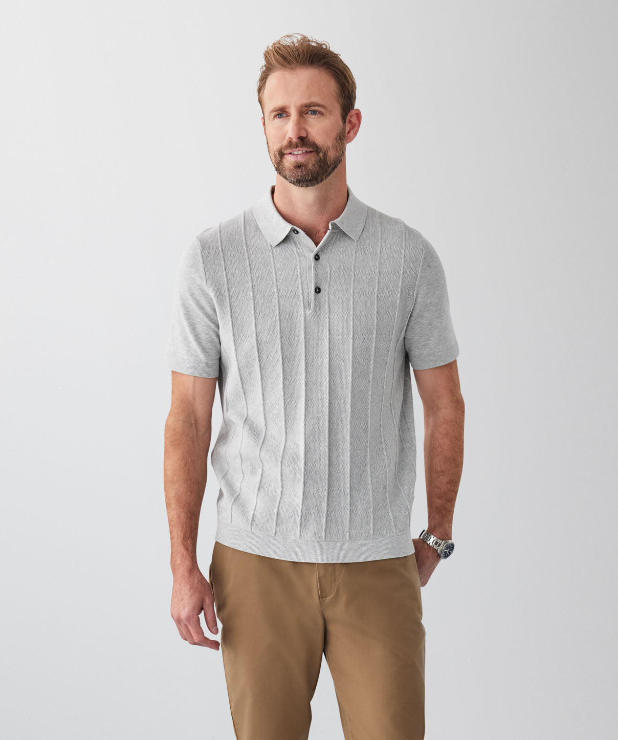 Textured Knit Polo - Grey Marle - polos - GAZMAN