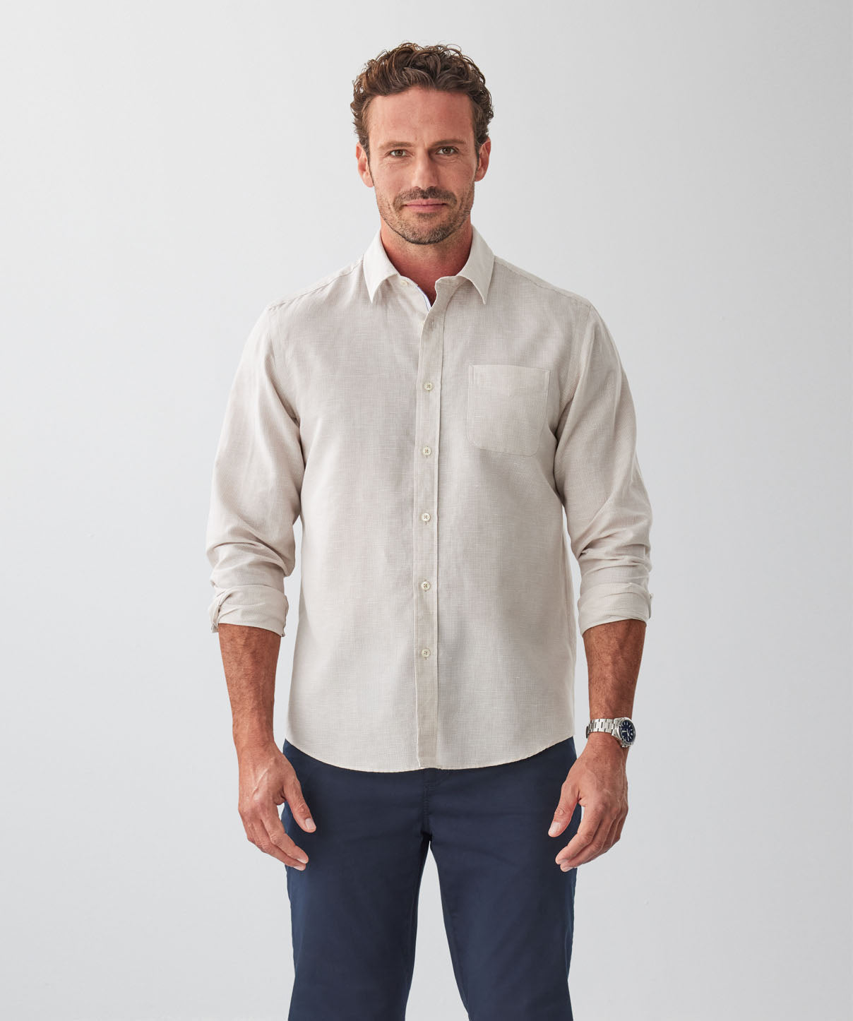 Linen Blend Houndstooth Long Sleeve Shirt - Natural