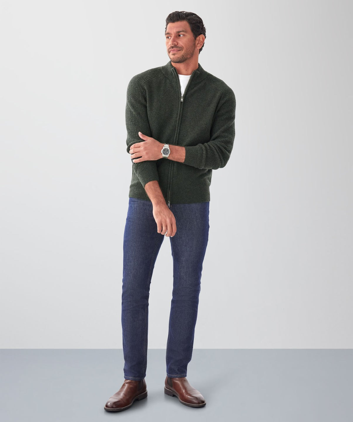 Wool Blend Raglan Zip Cardigan - Dark Khaki-GAZMAN