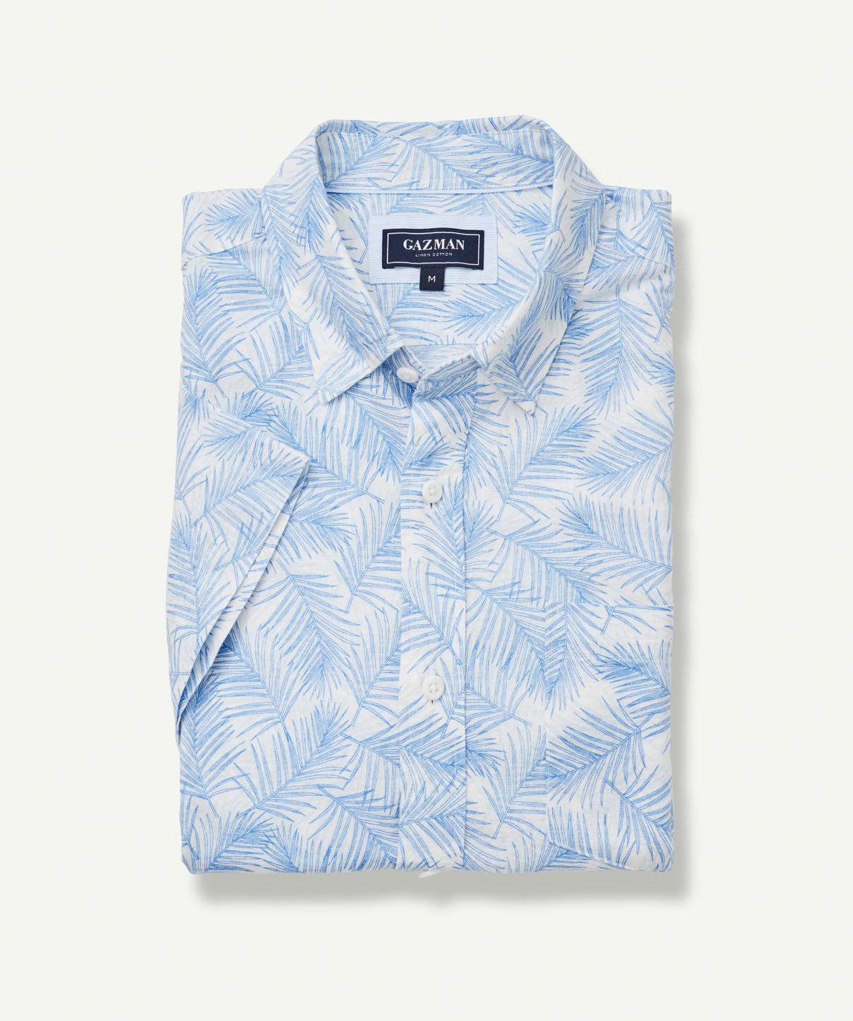 Linen Blend Leaf Print Short Sleeve Shirt - Sky Blue - Short Sleeve ...