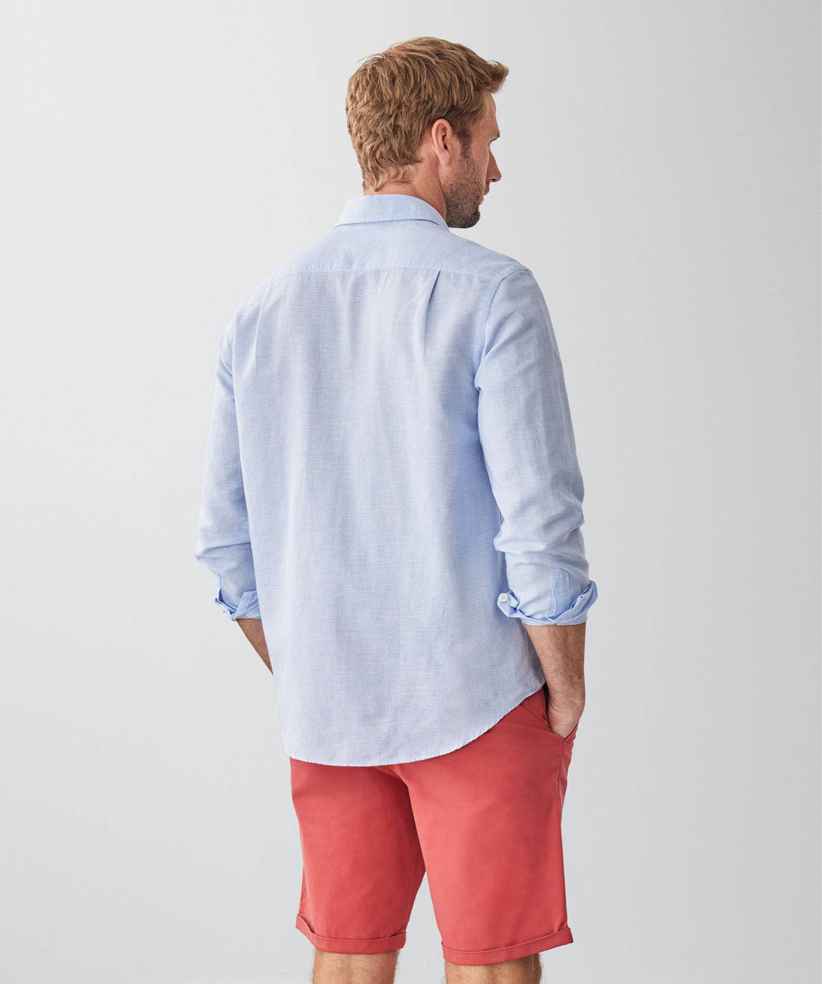 Linin Icon Linen Blend Houndstooth Long Sleeve Shirt - Sky Blue - long_sleeve ...