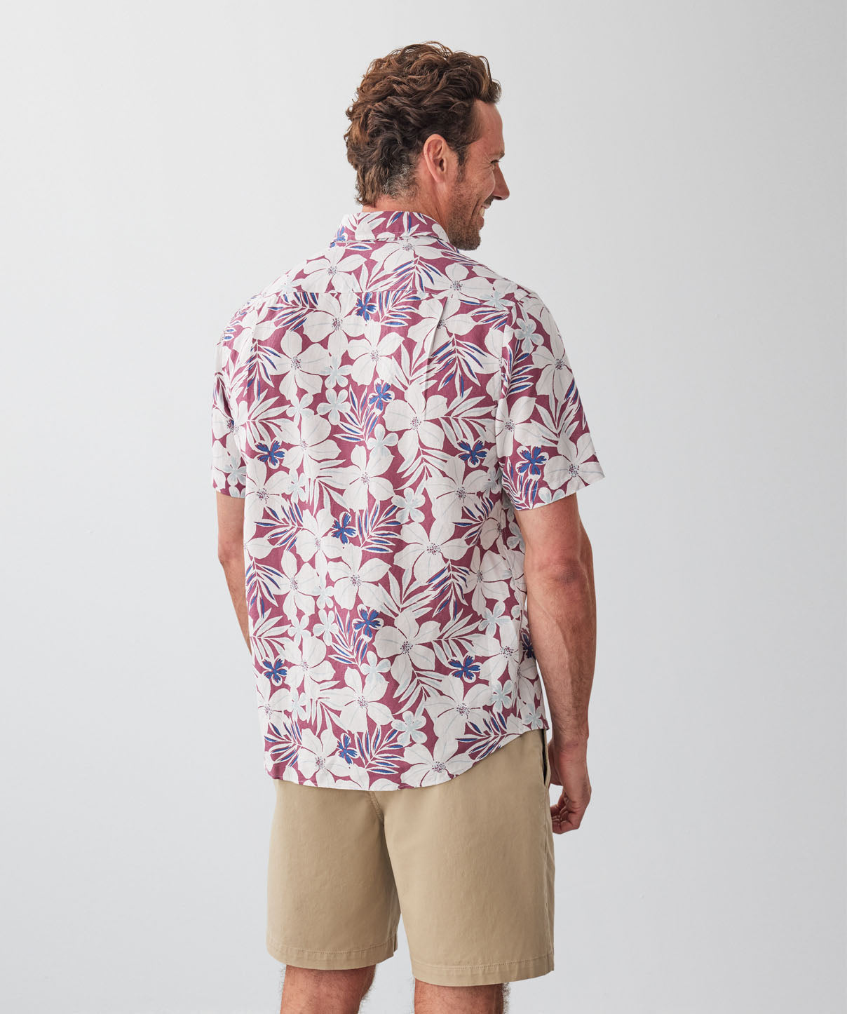 Linen Blend Tropical Print Short Sleeve Shirt - Raspberry - short ...