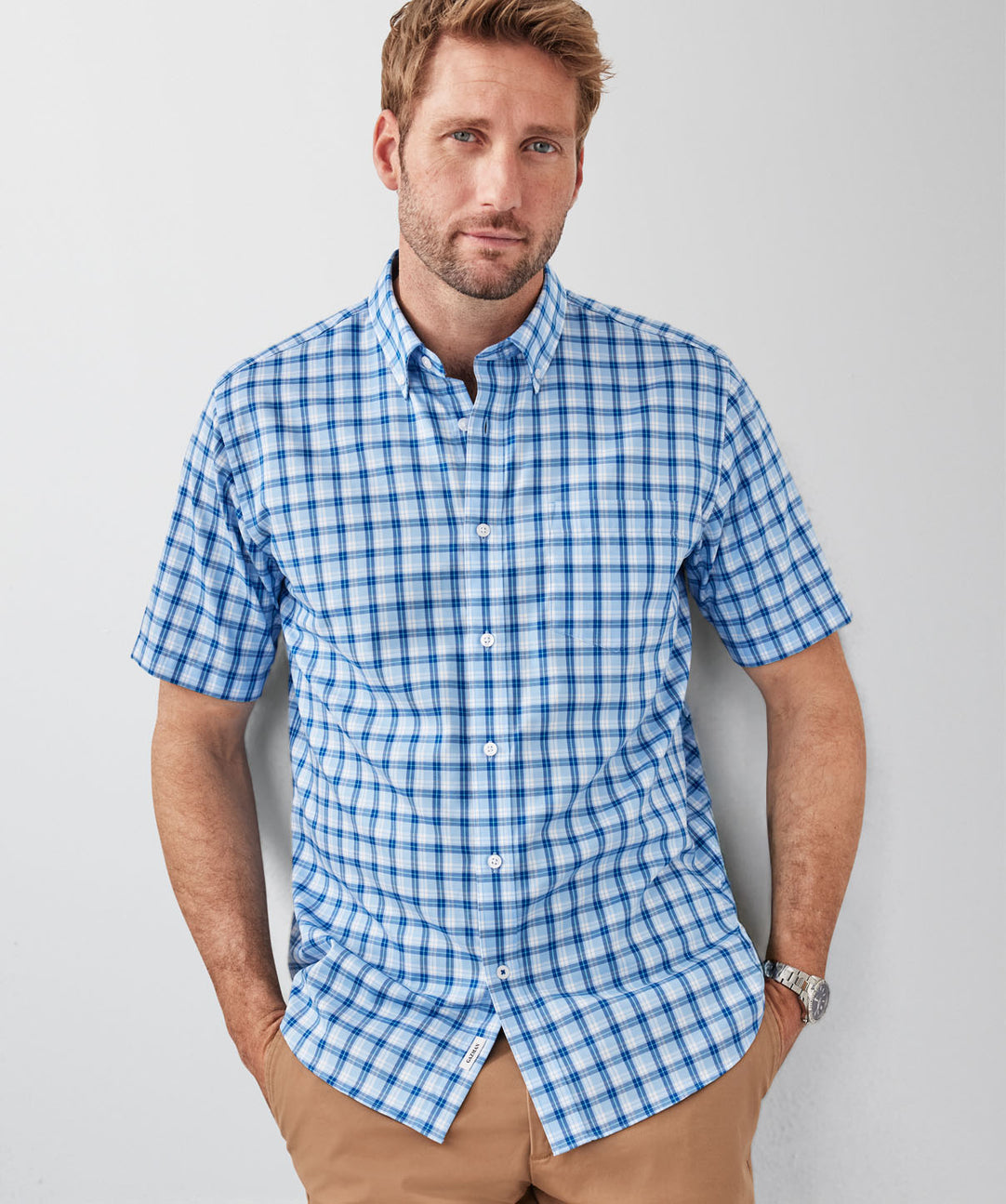 Easy Care Twill Check Short Sleeve Shirt - Blue
