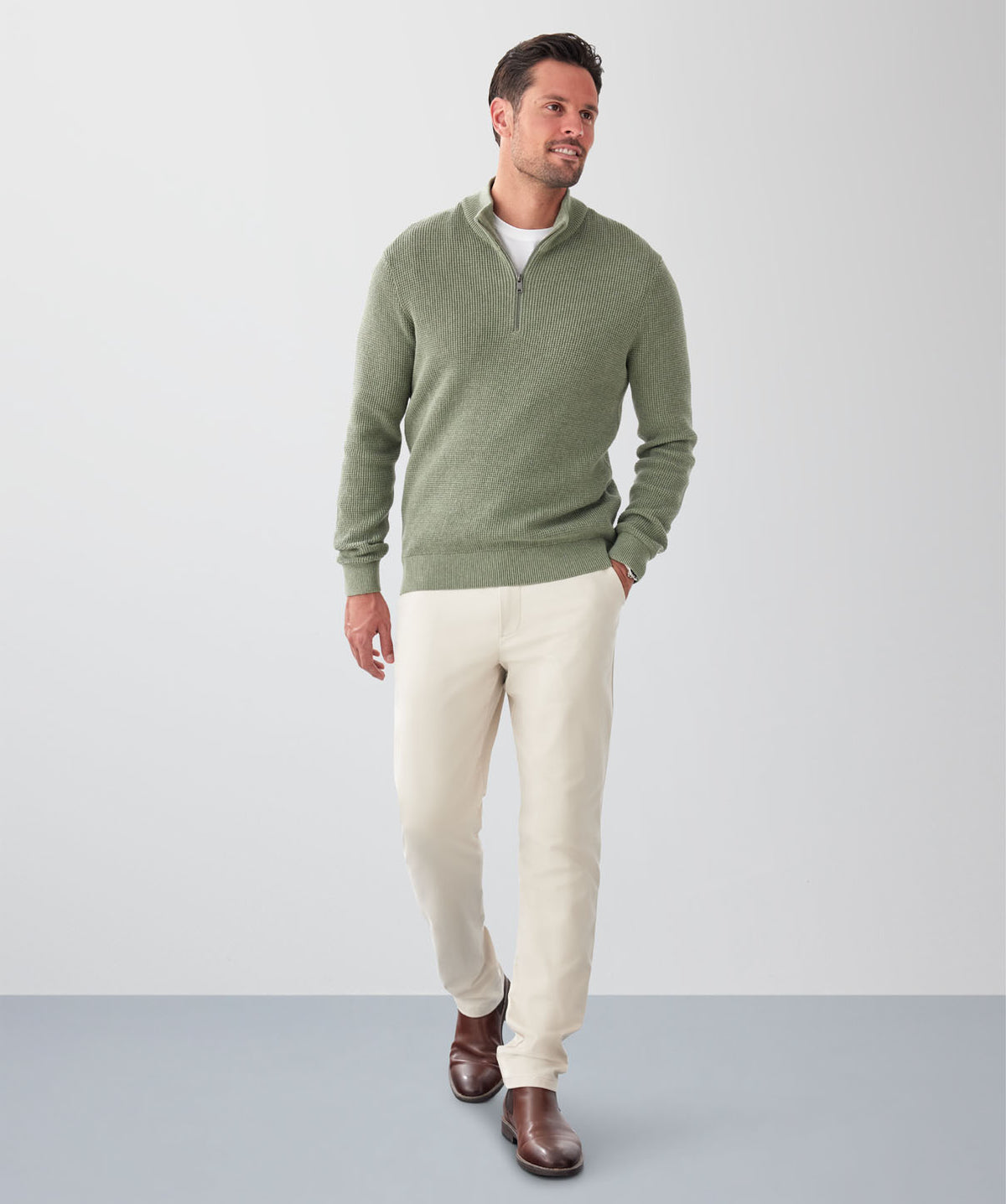 Cotton Waffle Half Zip Knit - Sage-GAZMAN