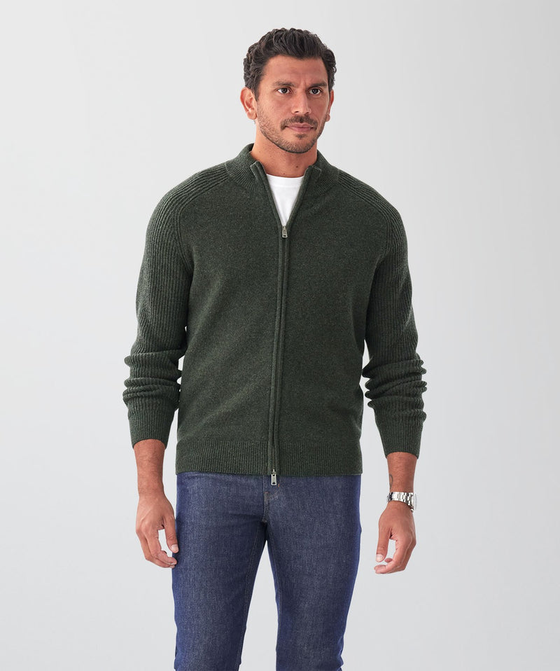Wool Blend Raglan Zip Cardigan - Dark Khaki-GAZMAN
