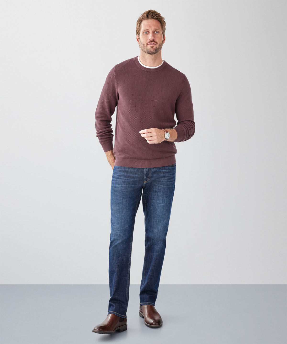 Cotton Textured Crew Knit - Plum-GAZMAN