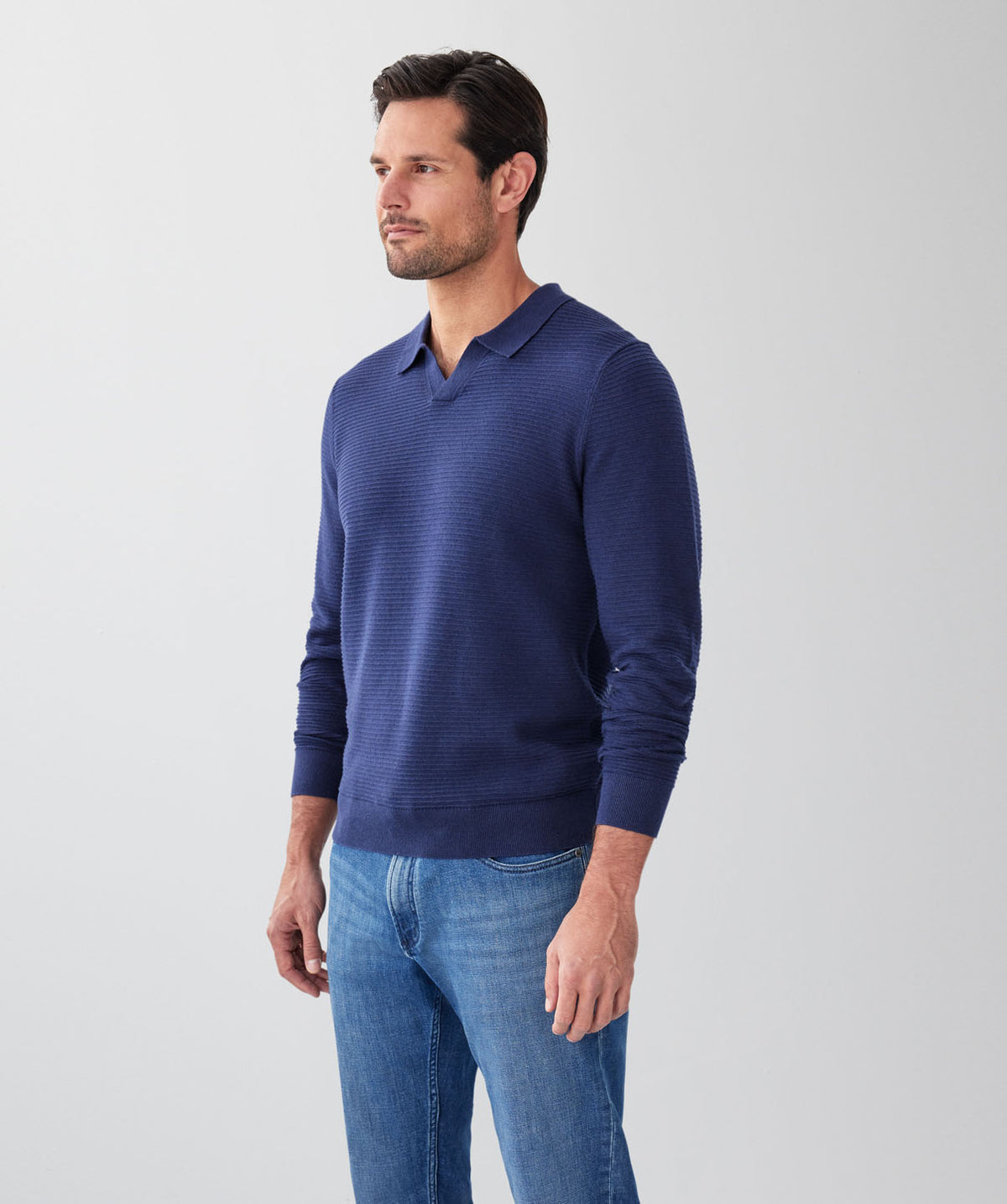 Long Sleeve Ottoman Knit Polo - Denim-GAZMAN