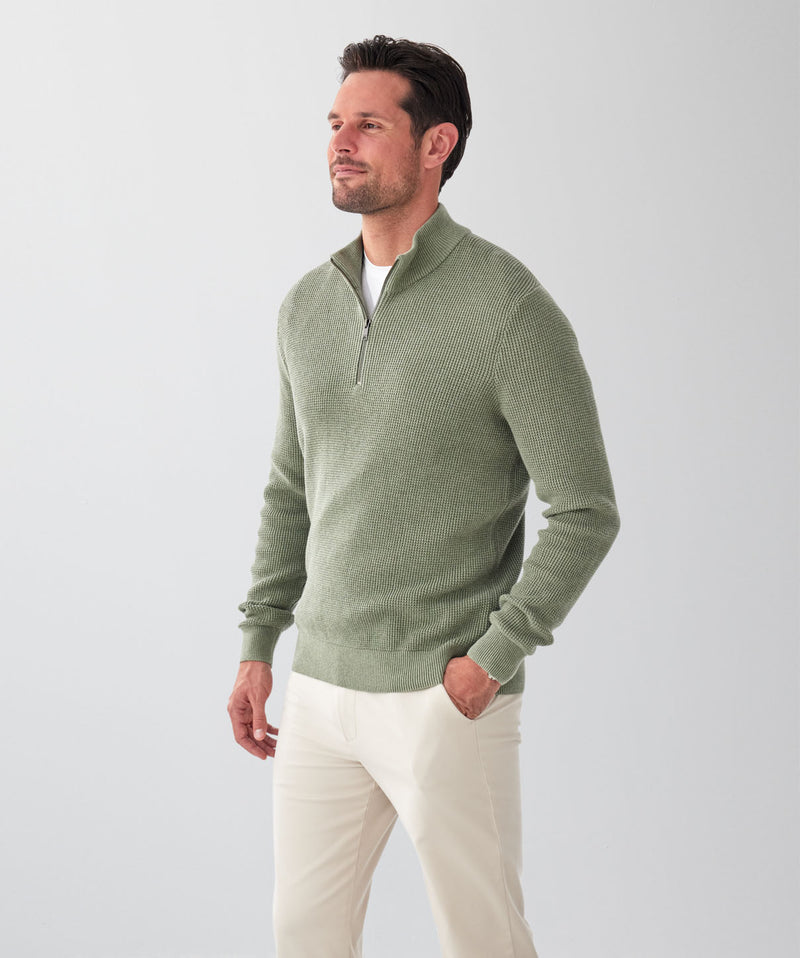 Cotton Waffle Half Zip Knit - Sage-GAZMAN
