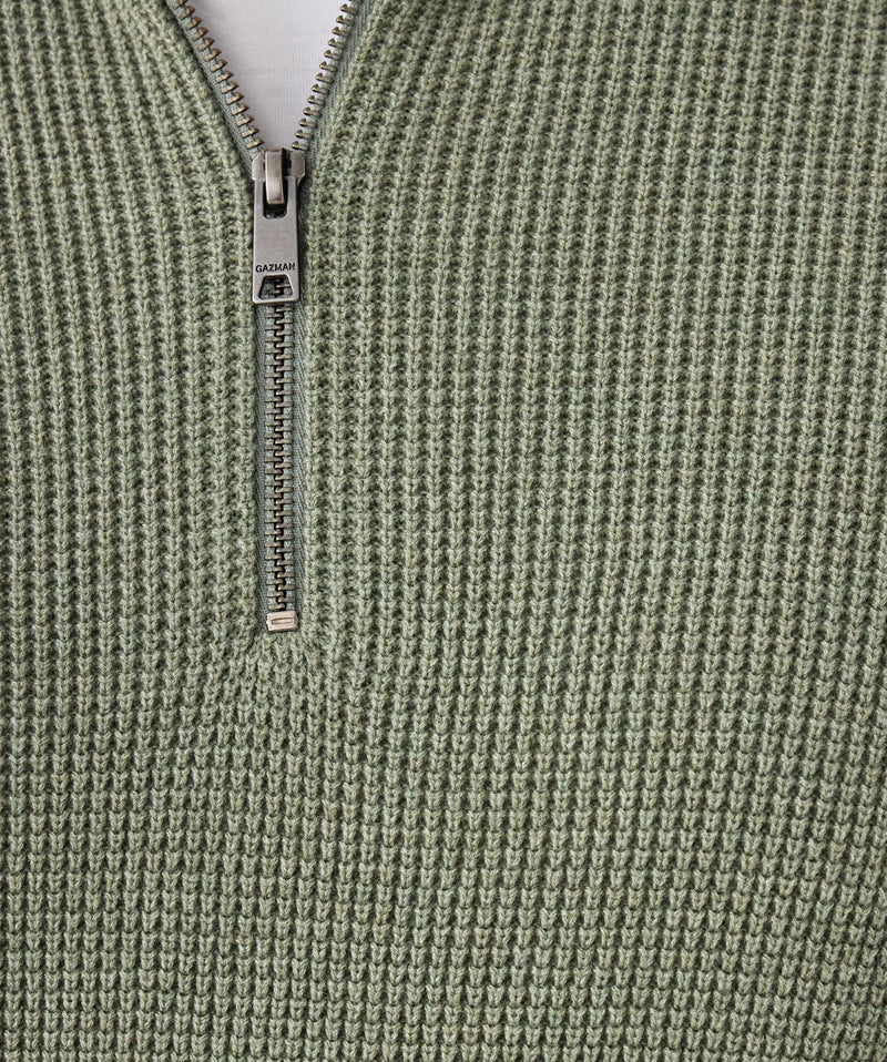 Cotton Waffle Half Zip Knit - Sage-GAZMAN