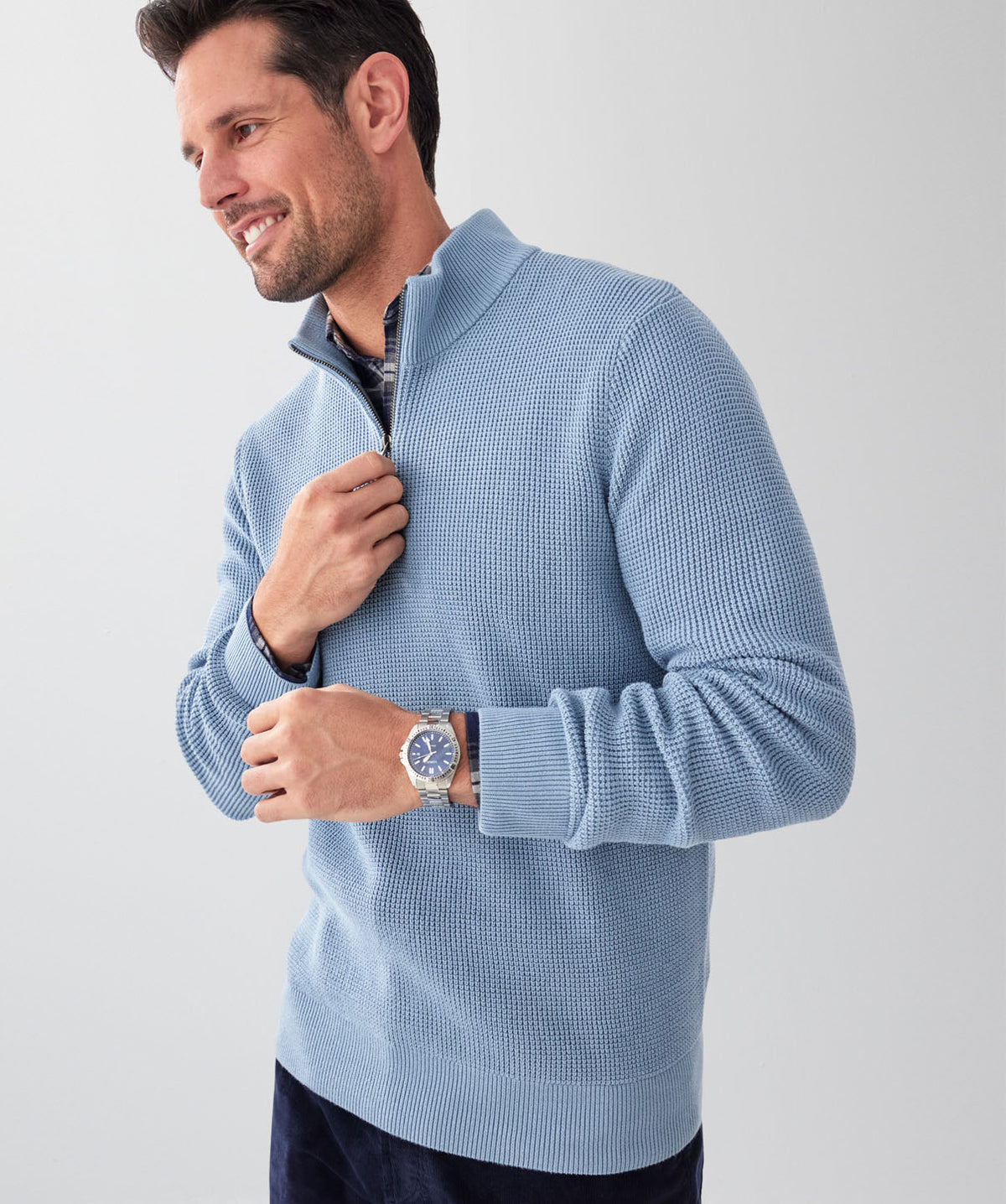 Cotton Waffle Half Zip Knit - Steel-GAZMAN