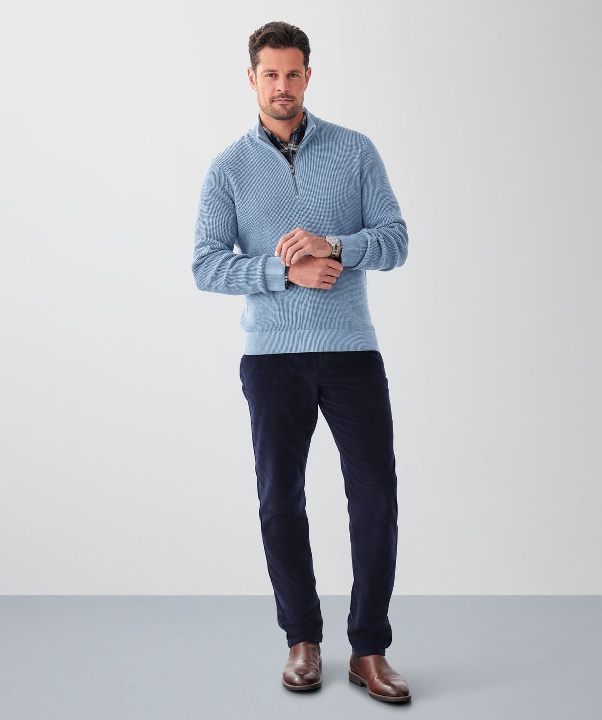 Cotton Waffle Half Zip Knit - Steel-GAZMAN