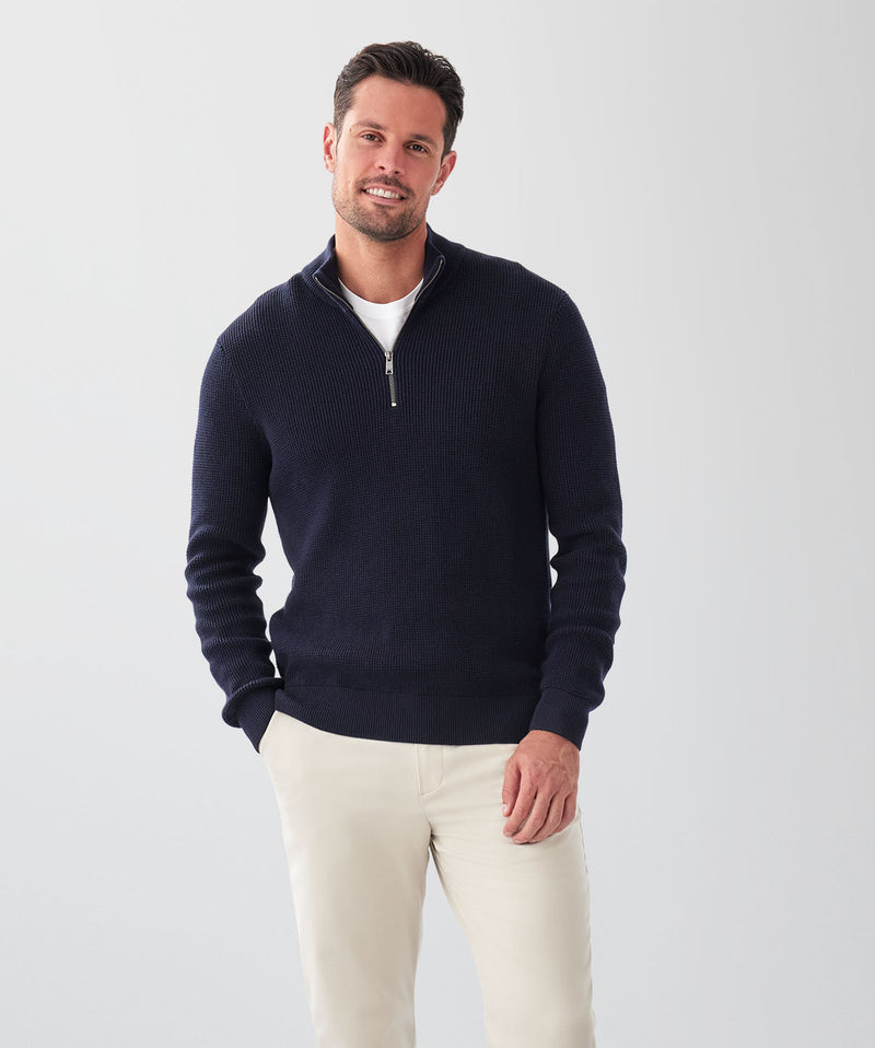 Cotton Waffle Half Zip Knit - Navy-GAZMAN