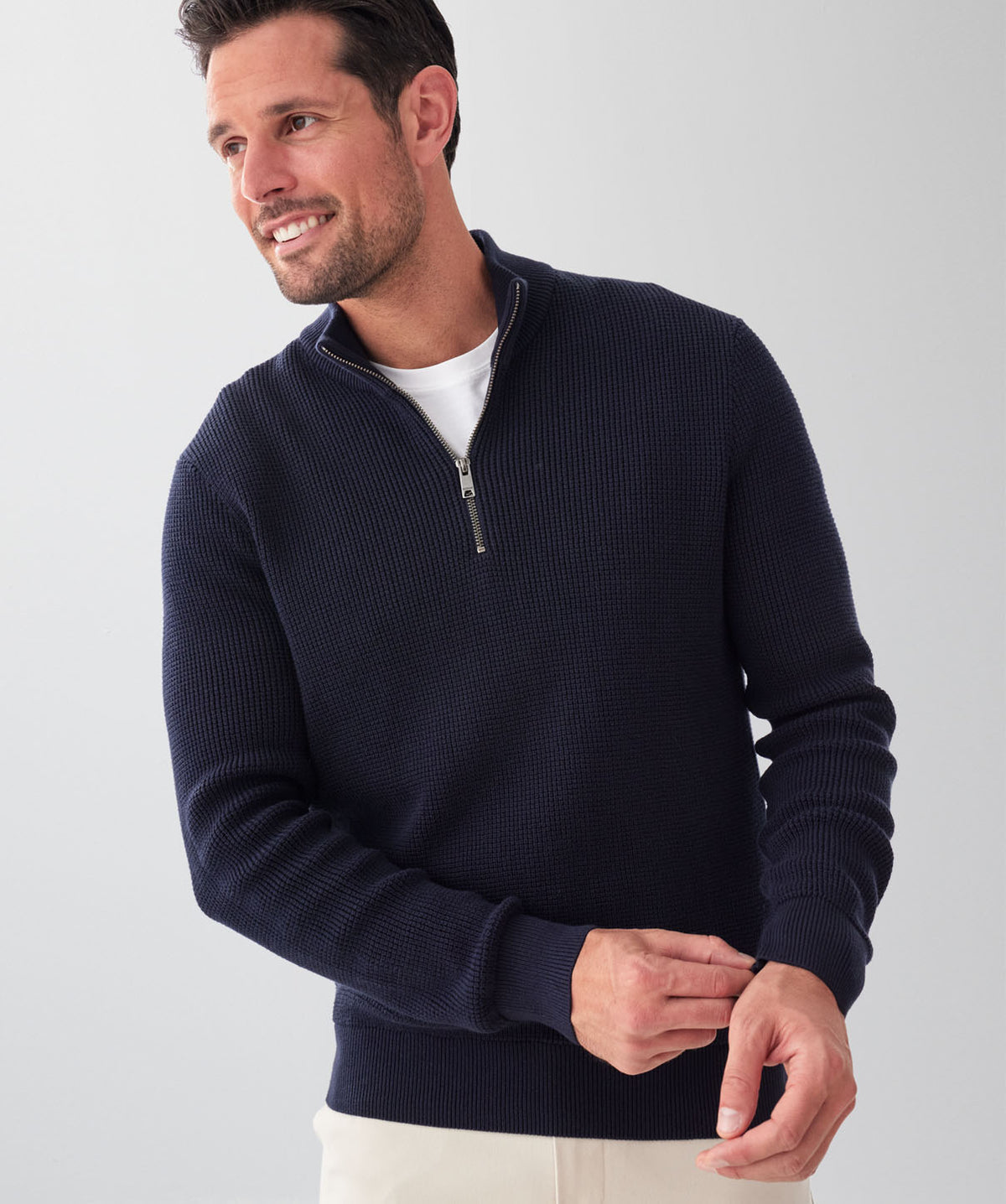 Cotton Waffle Half Zip Knit - Navy-GAZMAN