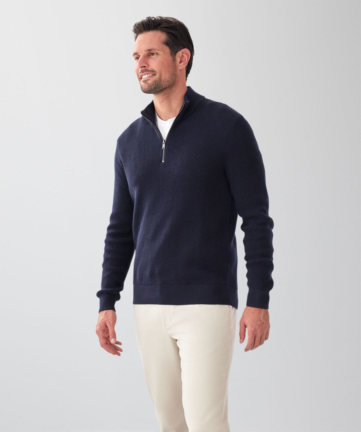 Cotton Waffle Half Zip Knit - Navy-GAZMAN