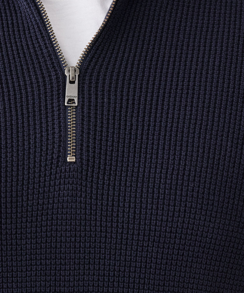 Cotton Waffle Half Zip Knit - Navy-GAZMAN
