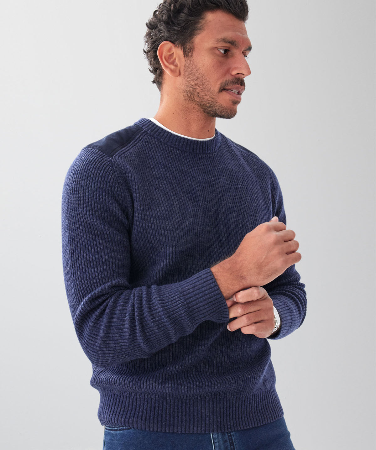 Wool Blend Fishermans Crew Knit - Denim-GAZMAN