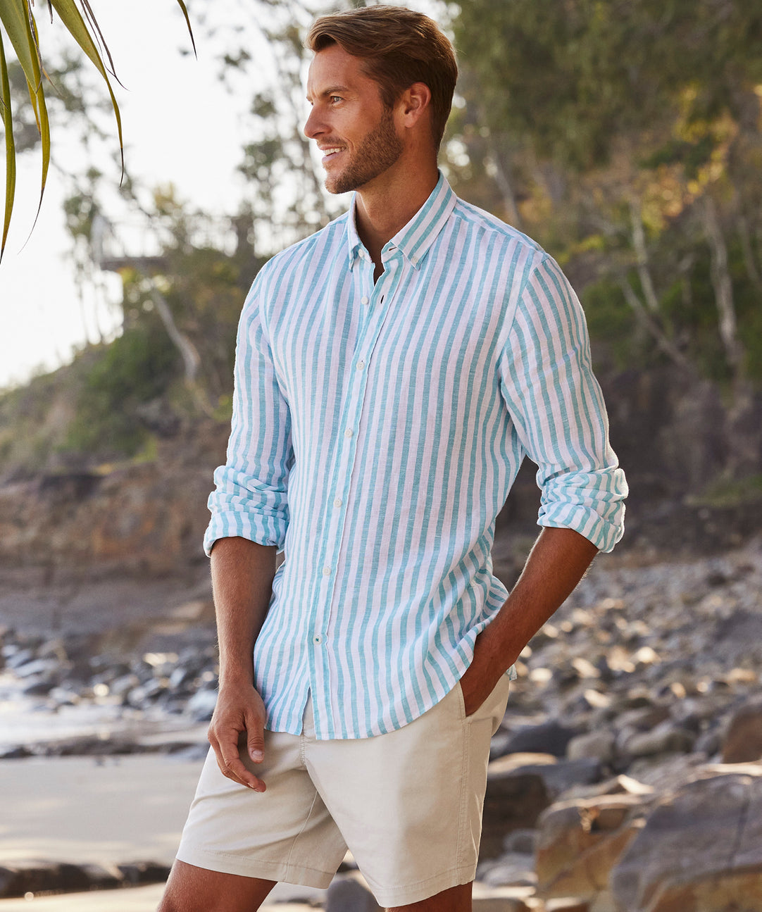 Tailored French Linen Stripe Long Sleeve Shirt - Sea Green - Long Sleeve  Shirts - GAZMAN