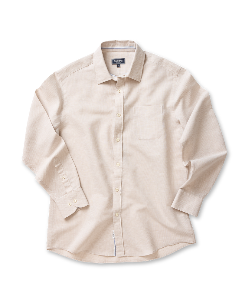 Linen Blend Houndstooth Long Sleeve Shirt - Natural-GAZMAN