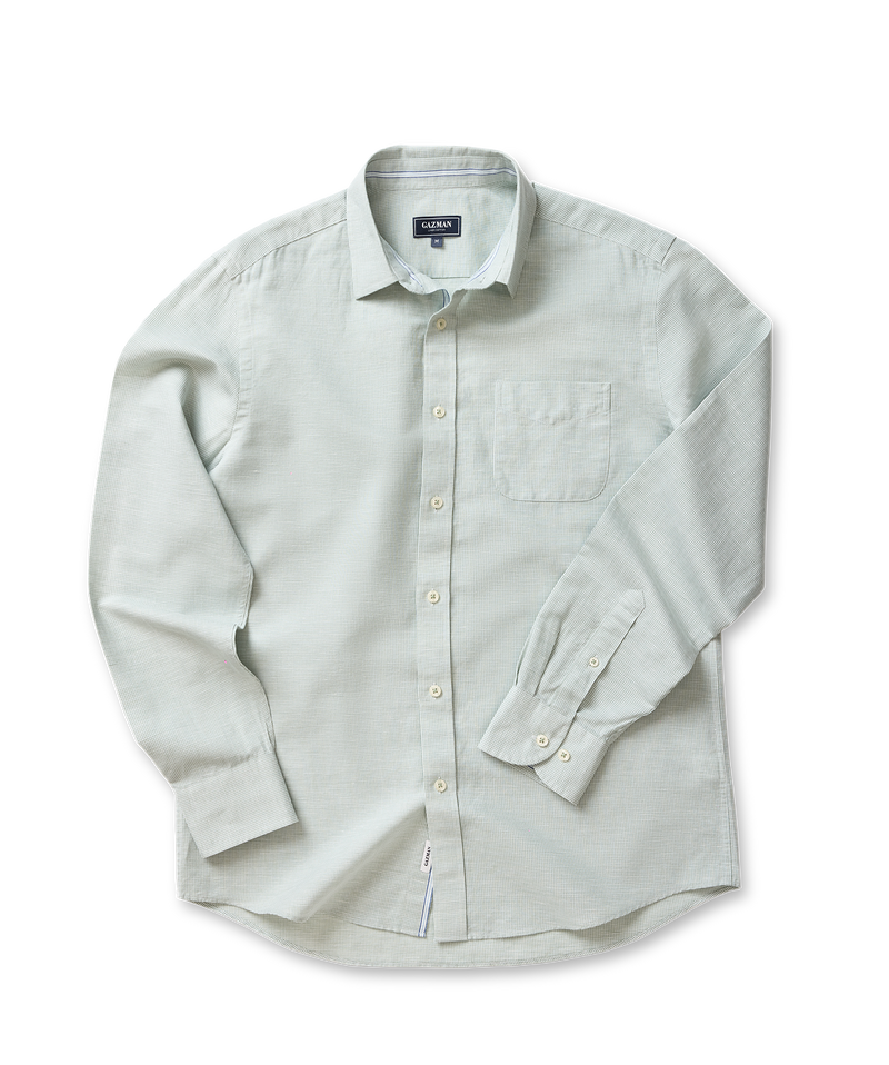 Linen Blend Houndstooth Long Sleeve Shirt - Sage-GAZMAN