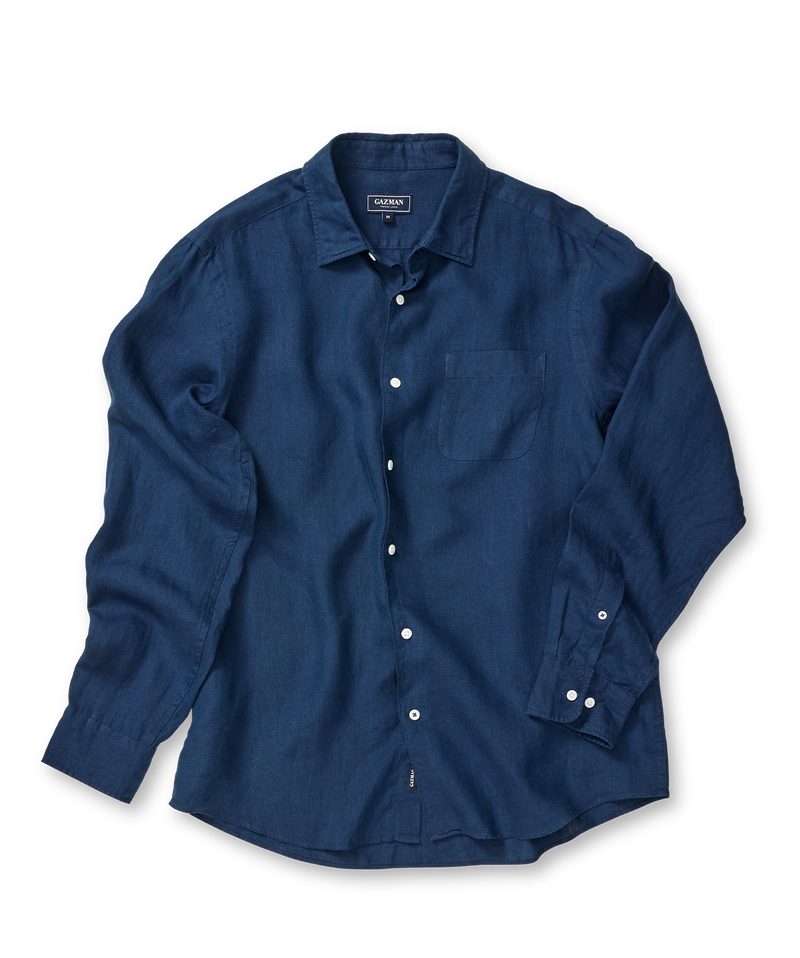 Pure French Linen Long Sleeve Shirt - Dark Navy-GAZMAN