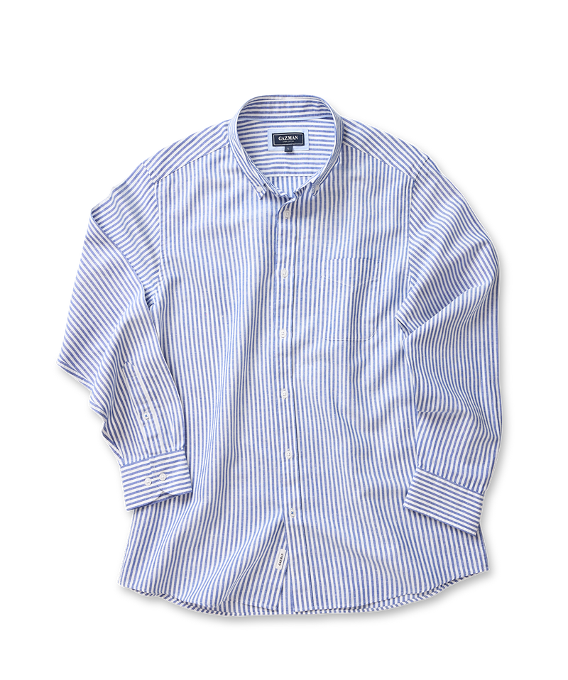 Linen Blend Bengal Stripe Long Sleeve Shirt - Blue-GAZMAN