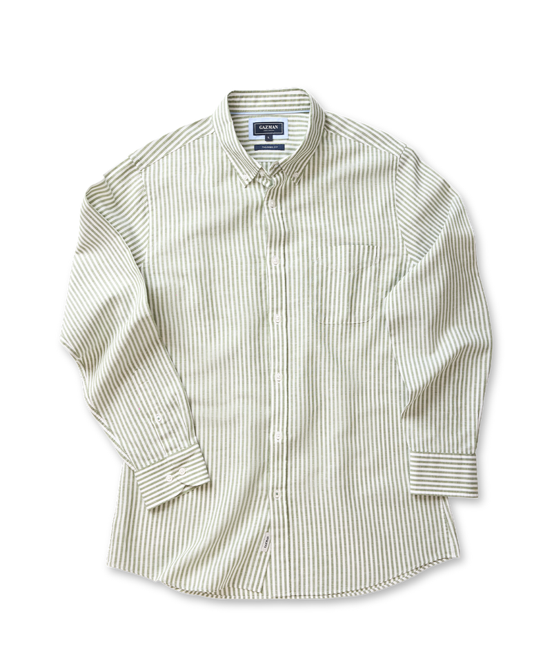 Linen Blend Bengal Stripe Long Sleeve Shirt - Khaki-GAZMAN