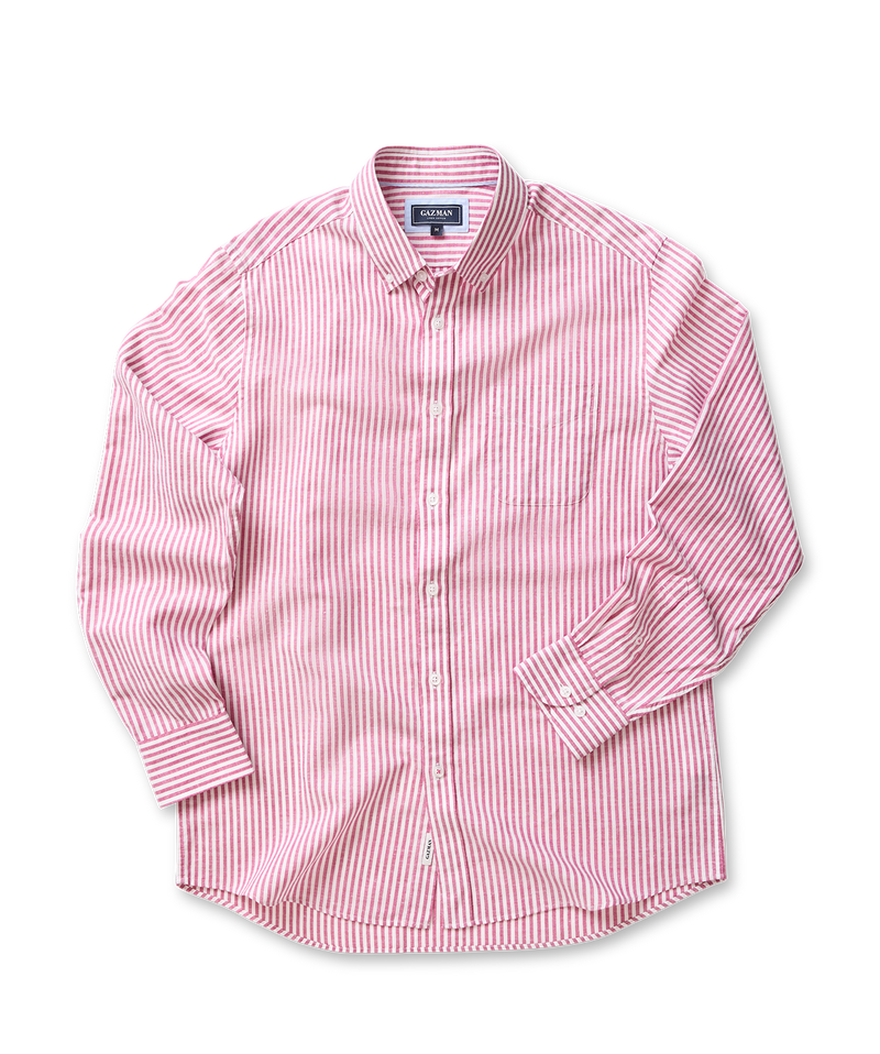 Linen Blend Bengal Stripe Long Sleeve Shirt - Raspberry-GAZMAN