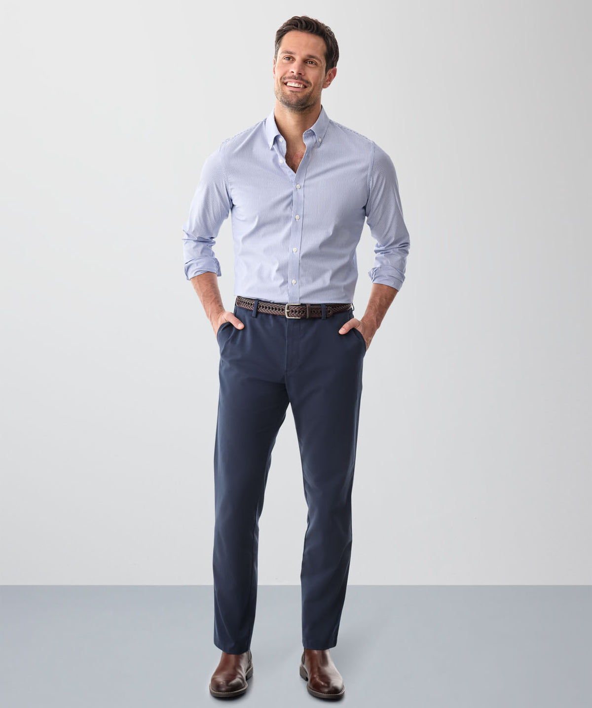 Tailored Easy Care Stripe Long Sleeve Shirt - Blue Carbon-GAZMAN
