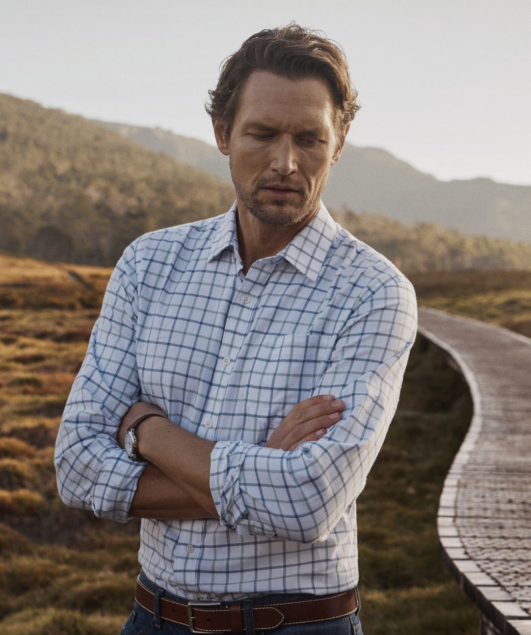 Brushed Twill Check Long Sleeve Shirt White