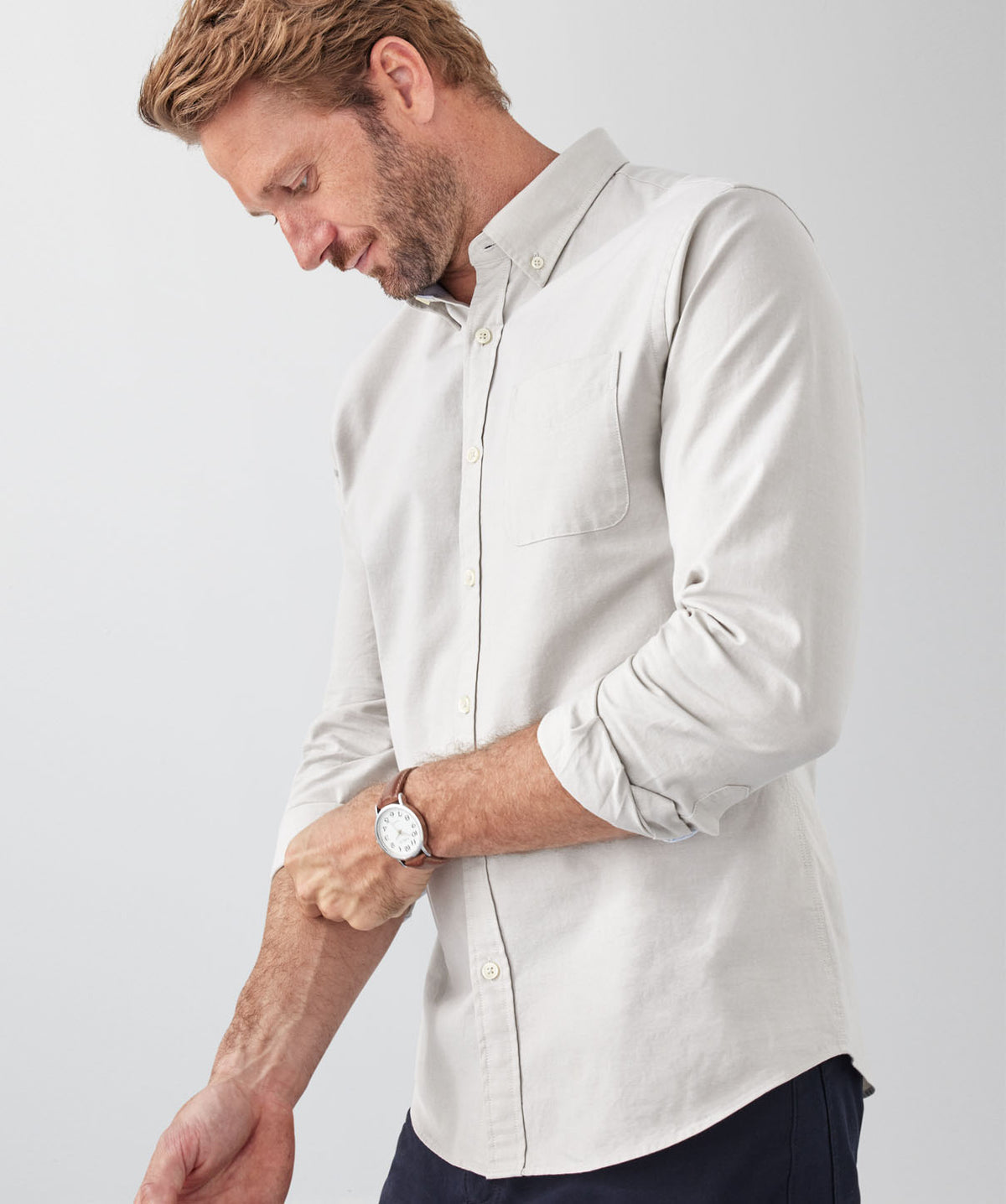 Tailored Fit Plain Casual Oxford Long Sleeve Shirt - Stone-GAZMAN