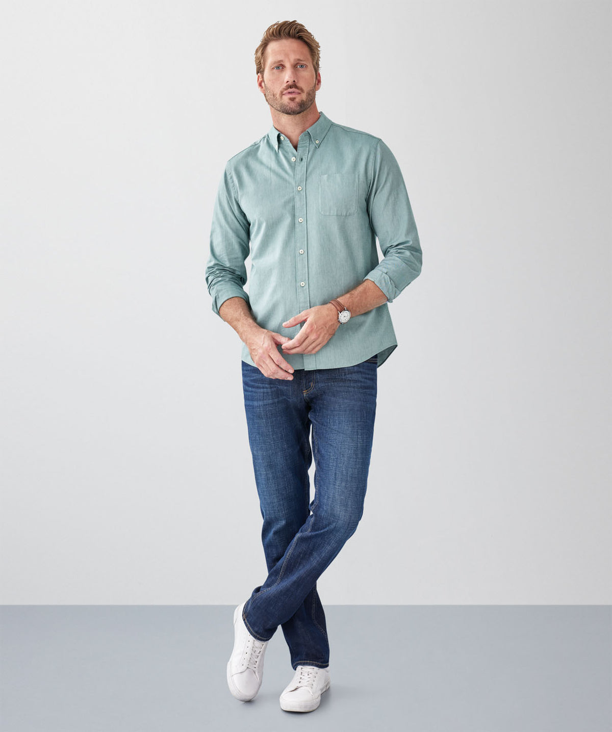Plain Casual Oxford Long Sleeve Shirt - Green-GAZMAN