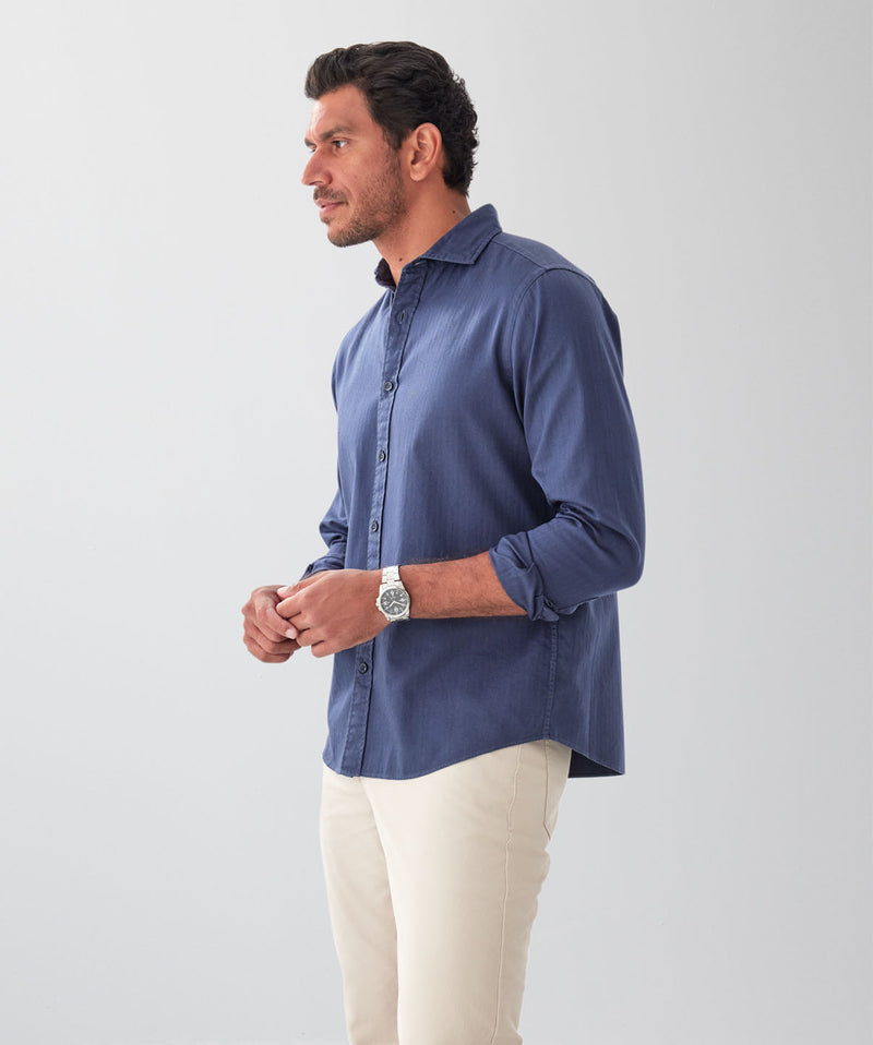 Casual Herringbone Plain Long Sleeve Shirt - Navy-GAZMAN