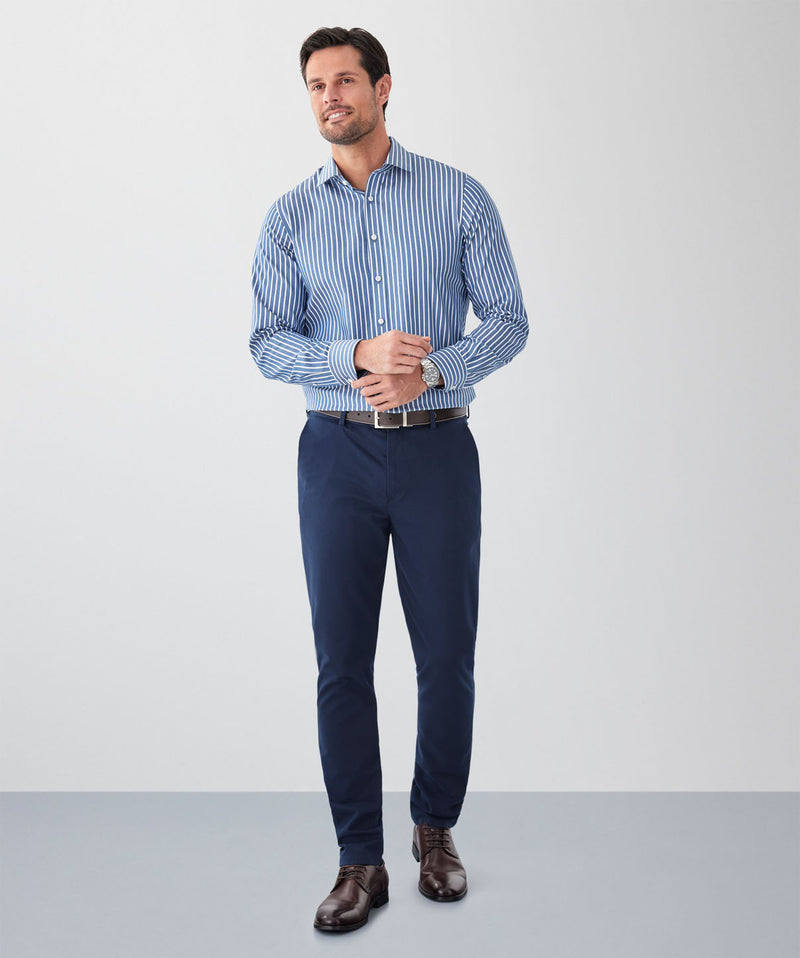 Tailored Fit Easy Care Stripe Long Sleeve Shirt - Denim-GAZMAN