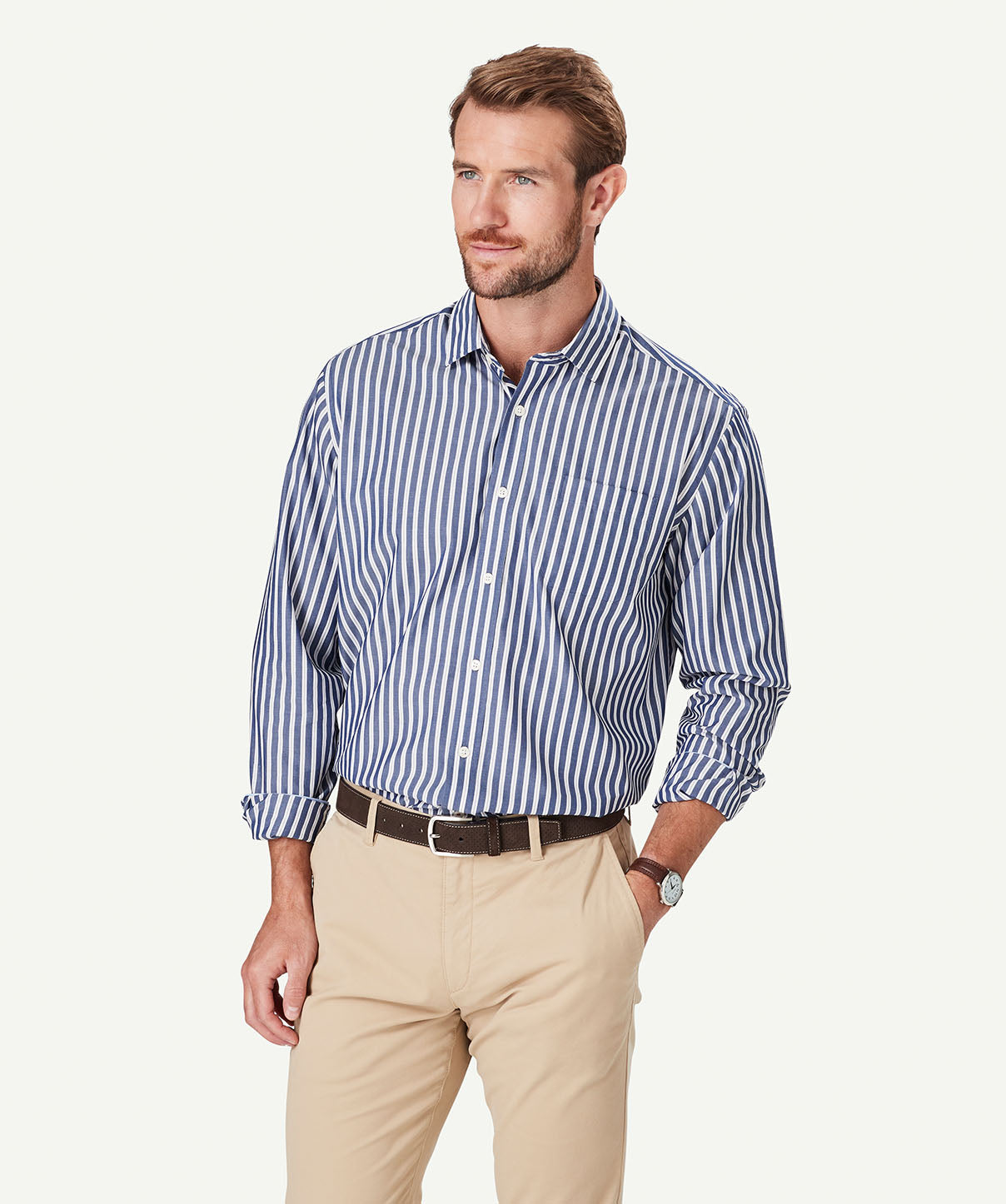 Easy Care Stripe Long Sleeve Shirt - Navy | Long Sleeve Shirts | GAZMAN