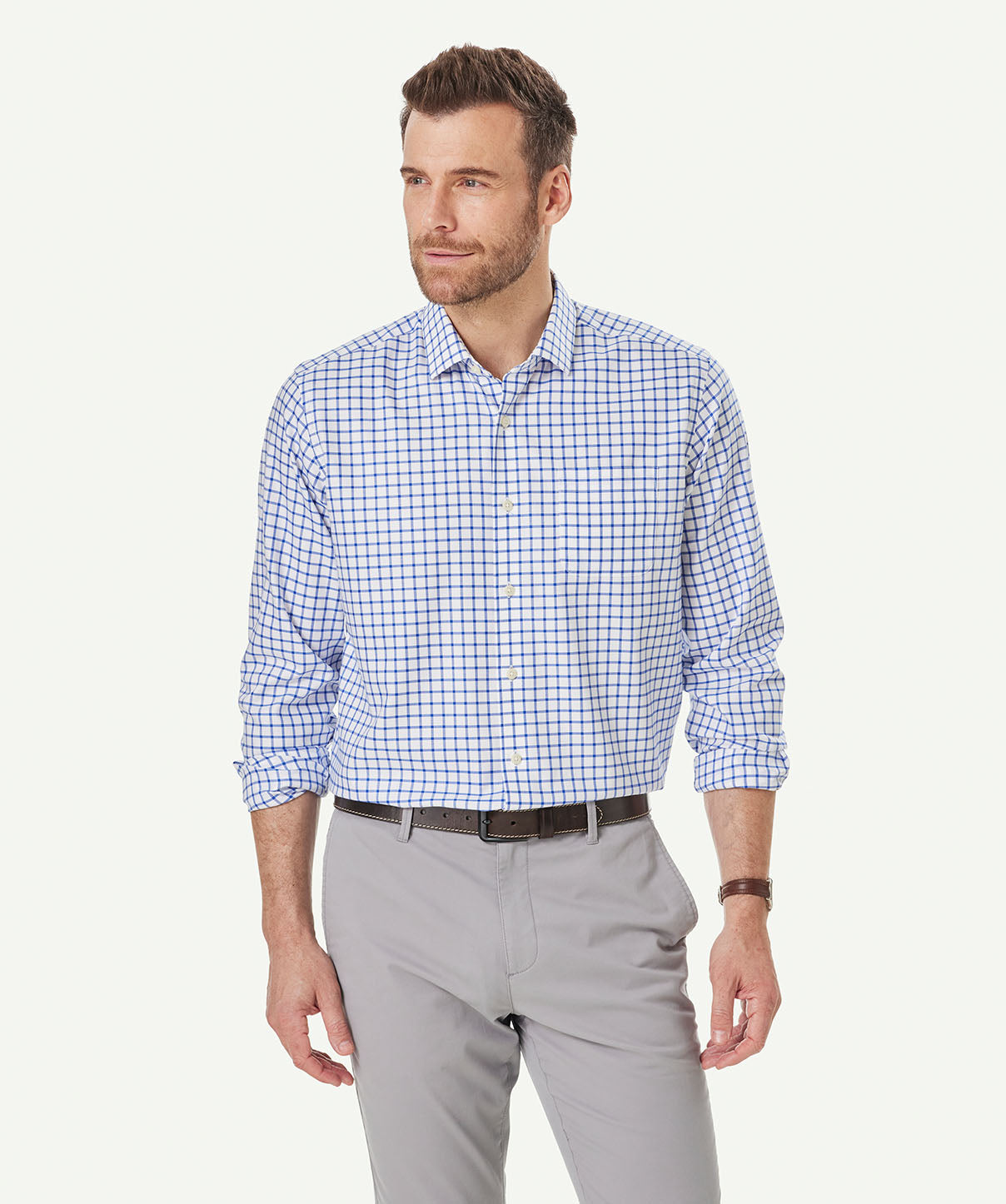 Non-Iron Twill Check Long Sleeve Shirt - Blue - Long Sleeve Shirts - GAZMAN