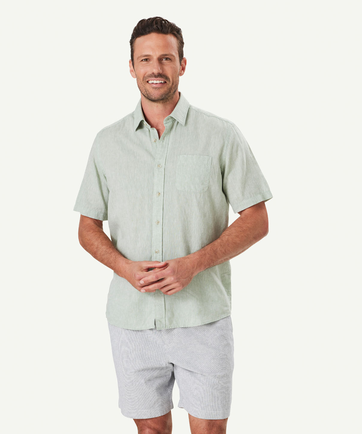 Linen Blend Plain Short Sleeve Shirt - Sage - Short Sleeve Shirts - GAZMAN